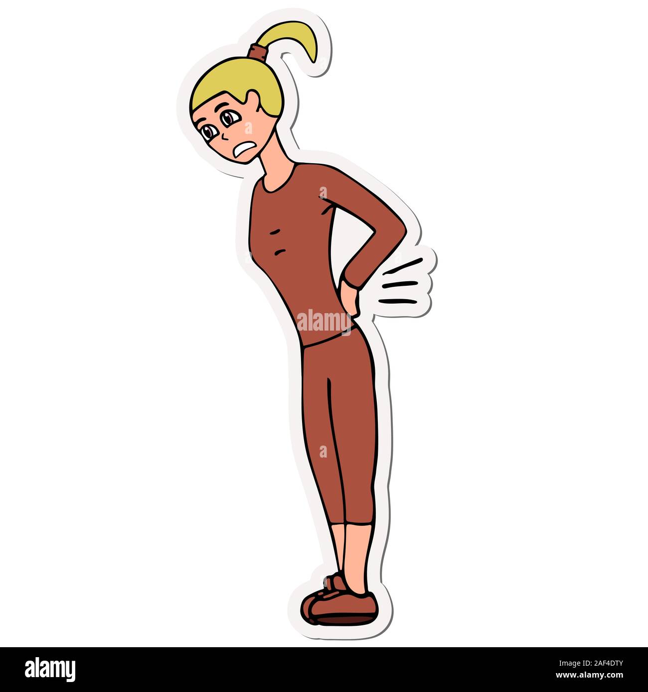 Cartoon young white woman with a sore back in a tracksuit. White background  isolated outline vector illustration Stock Vector by ©Shadowspawn 321485242