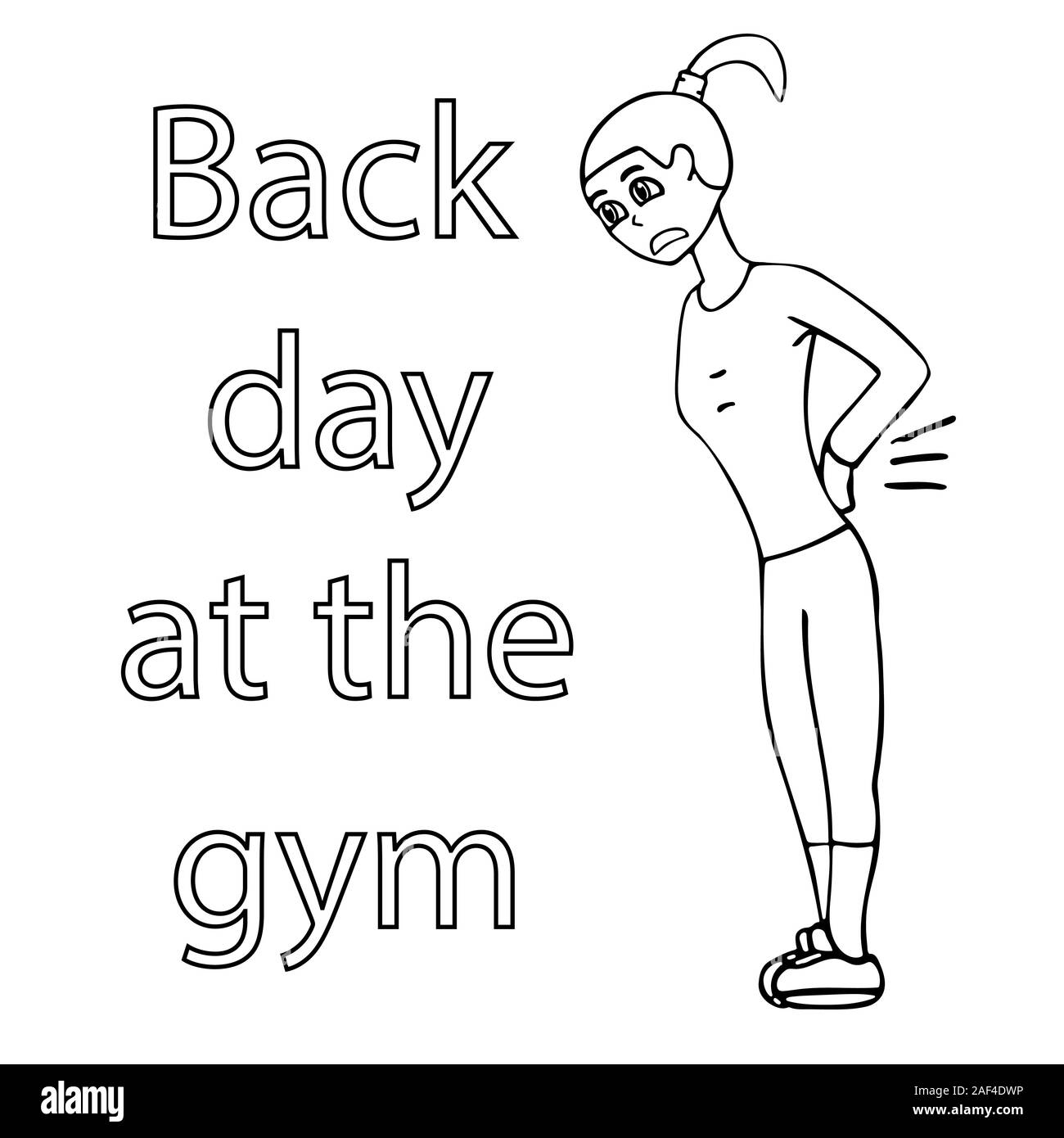 Back day at the gym. woman with a sore back in a tracksuit. White background isolated outline stock vector illustration Stock Vector