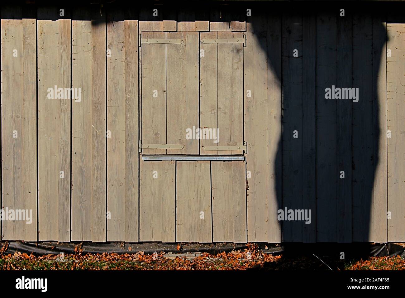 Dark shadow being cast on wooden wall of a old shed with closed shutters Stock Photo