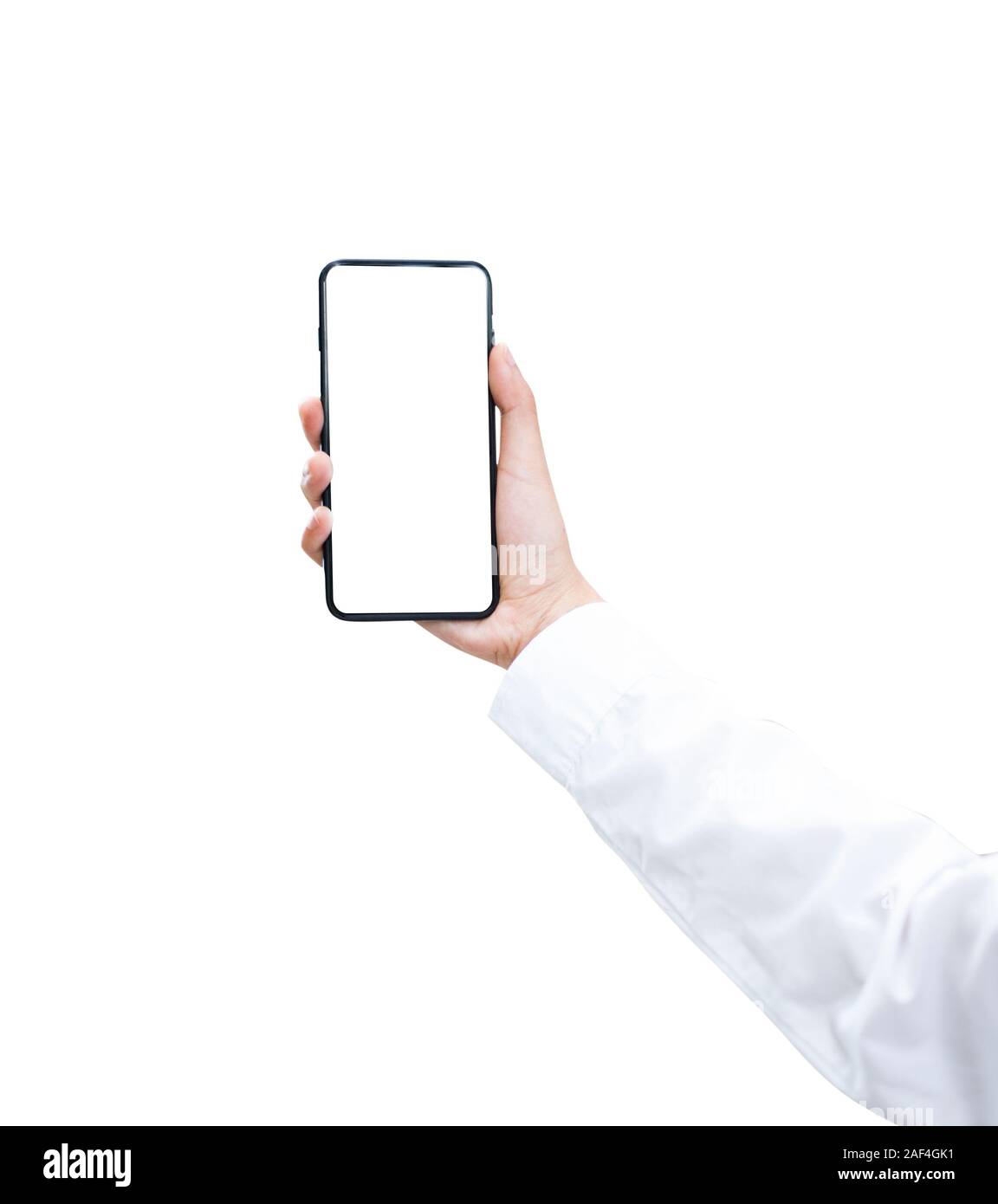 hand holding smartphone isolated with clipping path on white background ...