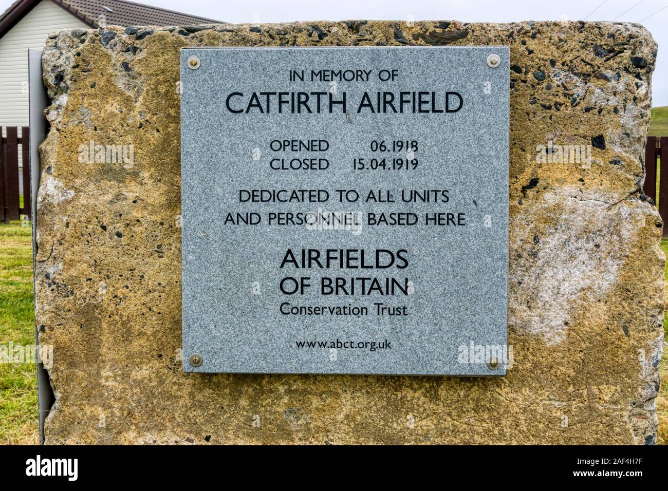 Memorial plaque to Catfirth Airfield, a now disused remote flying boat base in Shetland opened during the First World War. Stock Photo