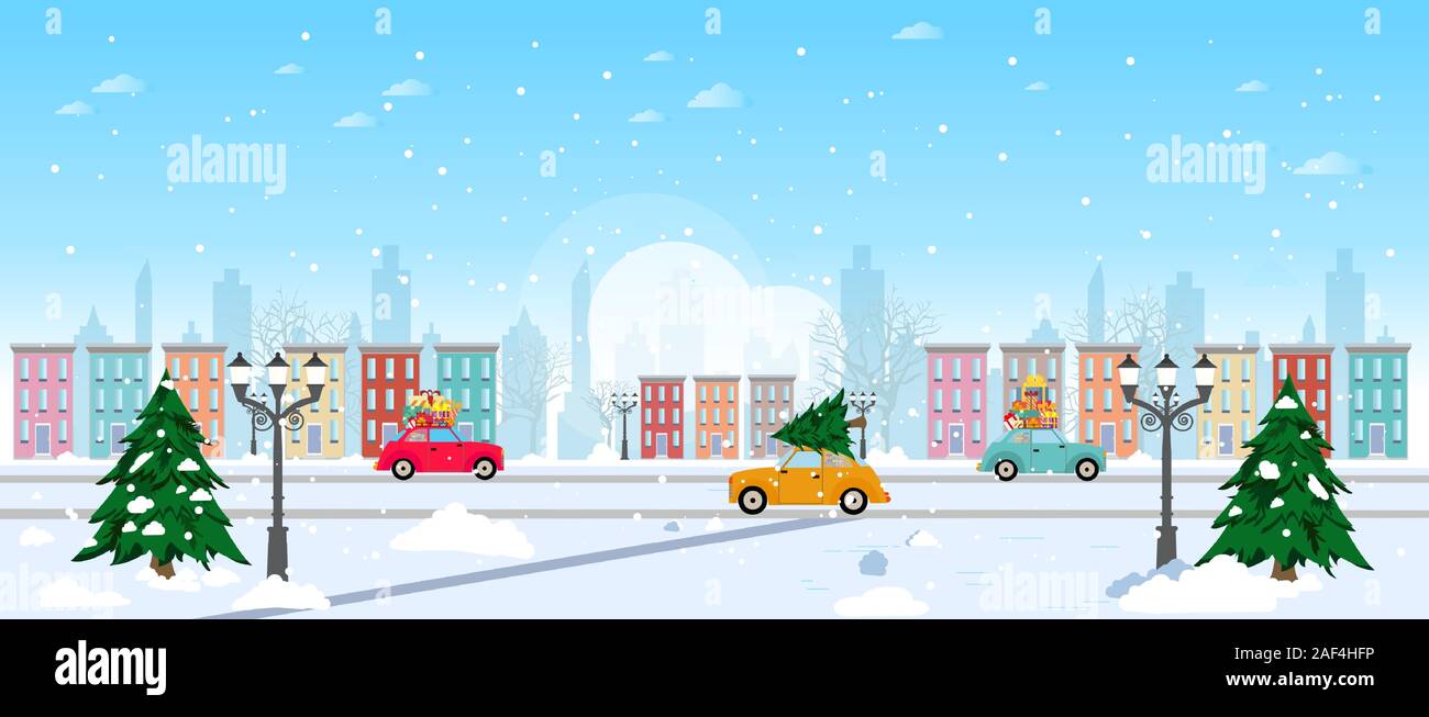 Vector of a new year winter old town street with christmas trees and passing by cars with gifts on a cityscape background. Stock Vector