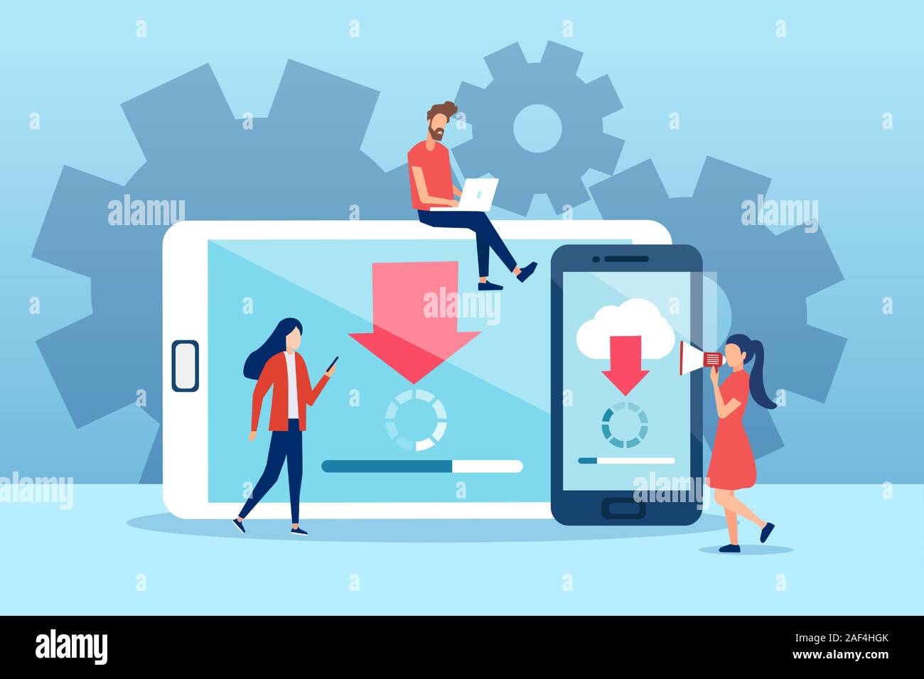 Vector of young people making system software updates on mobile gadgets Stock Vector