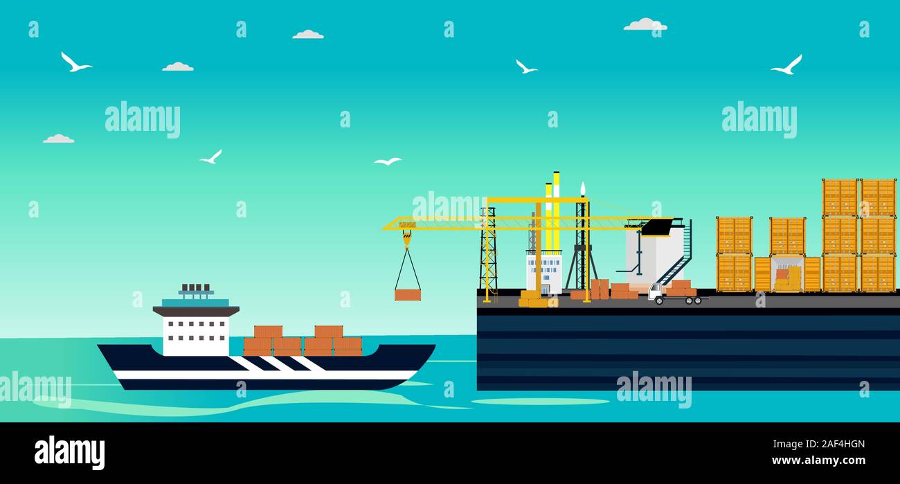 Vector of a cargo ship loading in a city port with cranes on dockside and containers from freight vessel. Stock Vector