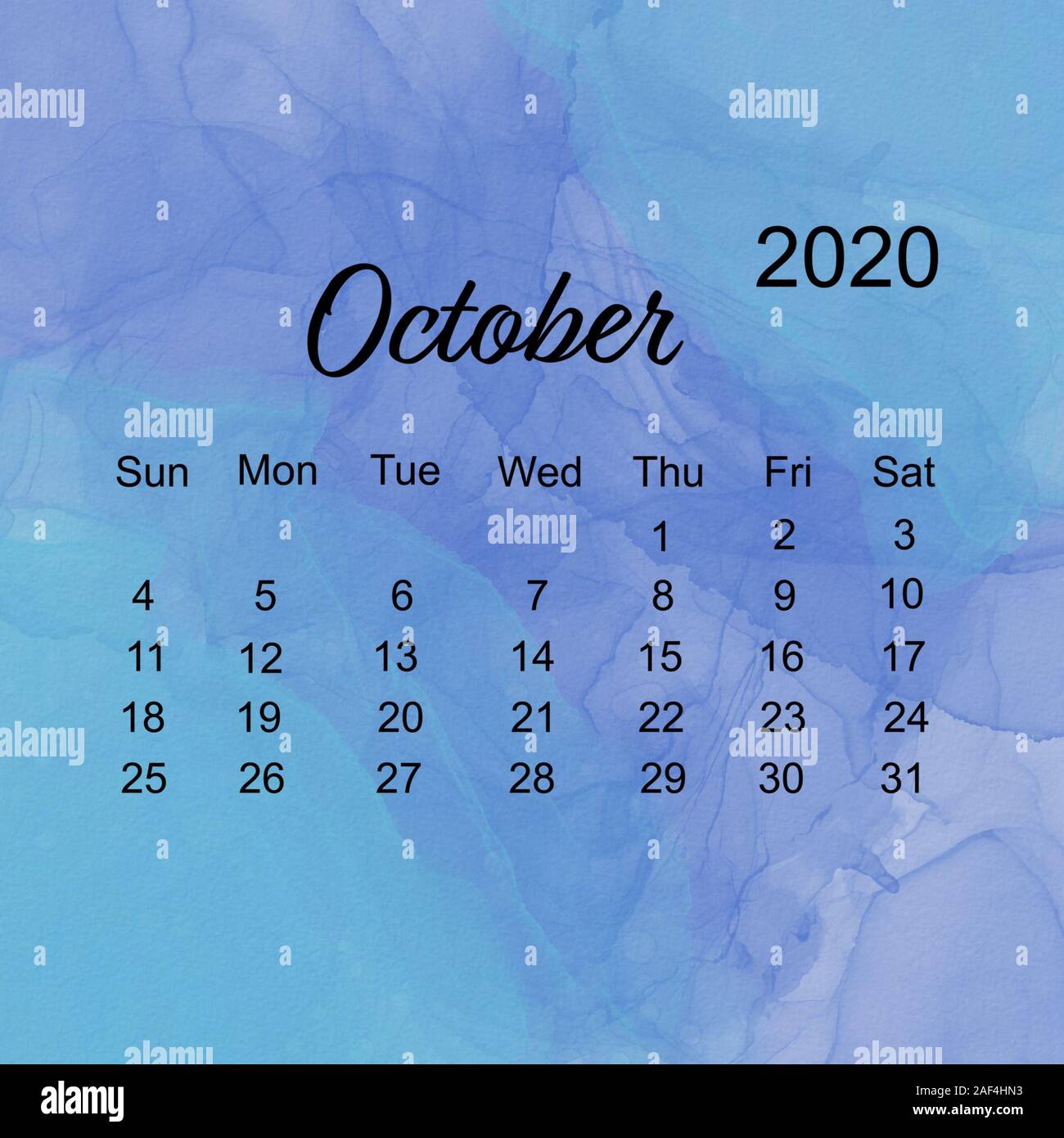 October - Simple calendar layout for 2020 the Week starts on Sunday ...