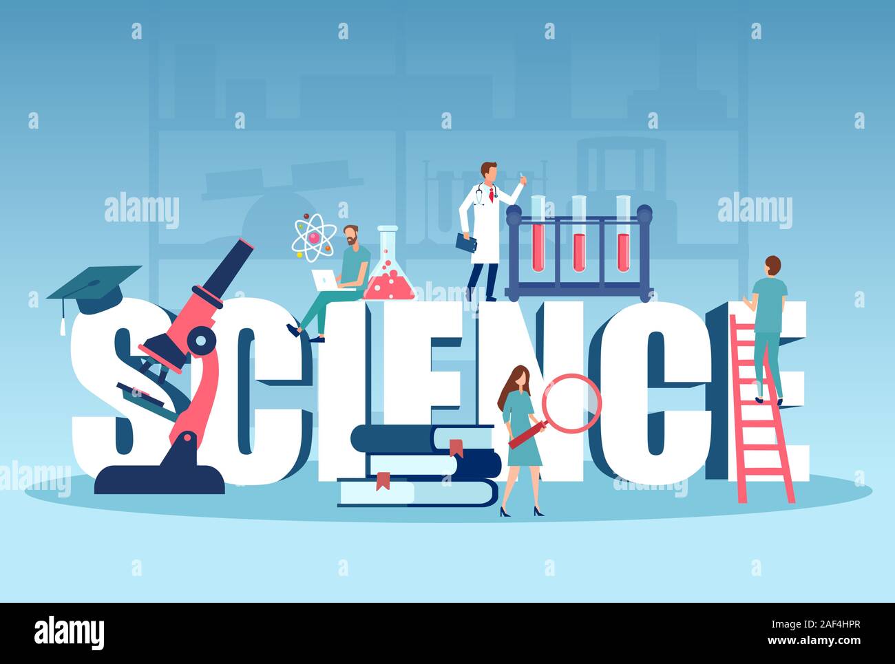 Vector of a science team doctors and students working with microscope conducting an experiment in a laboratory Stock Vector