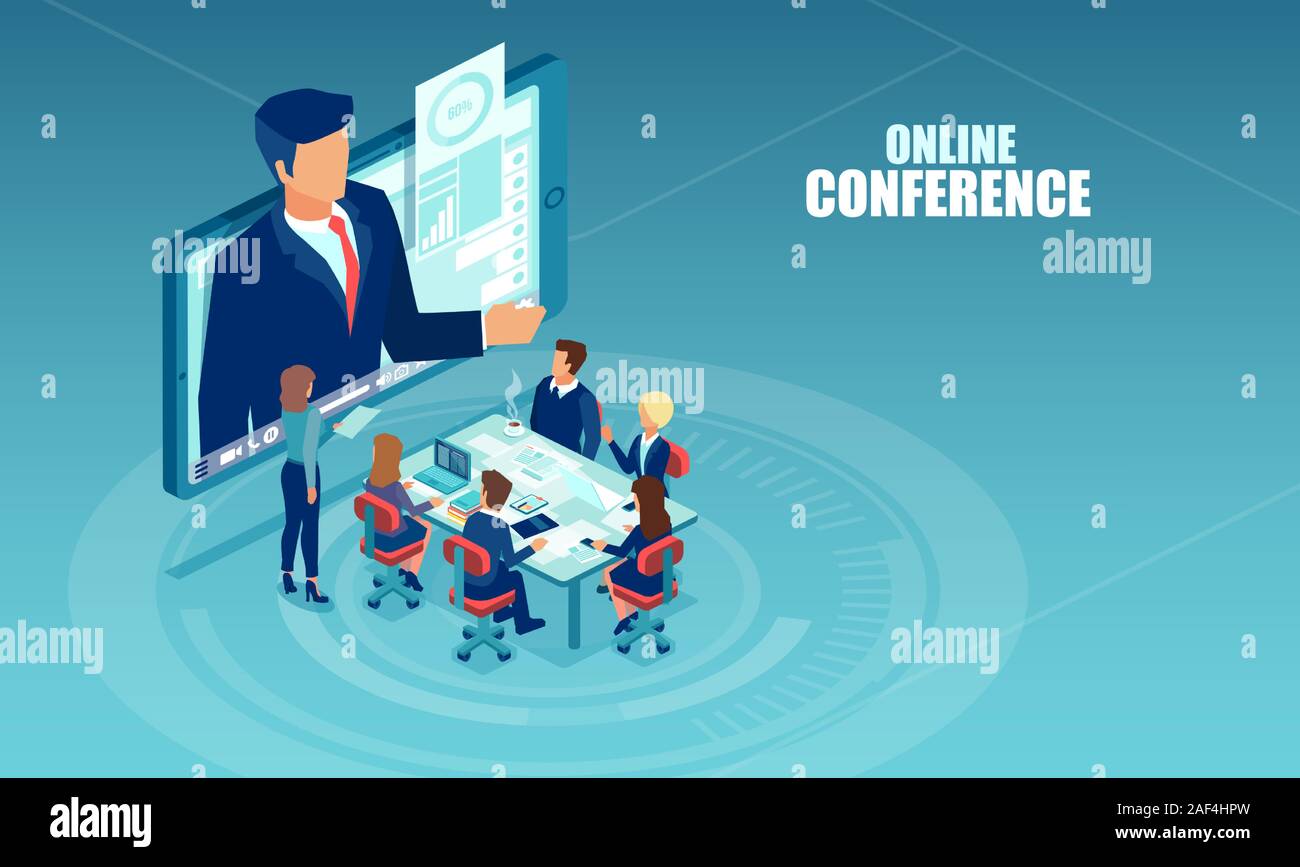 Vector of business people meeting in a office having conference call with a presenter. Online seminar, internet learning concept Stock Vector