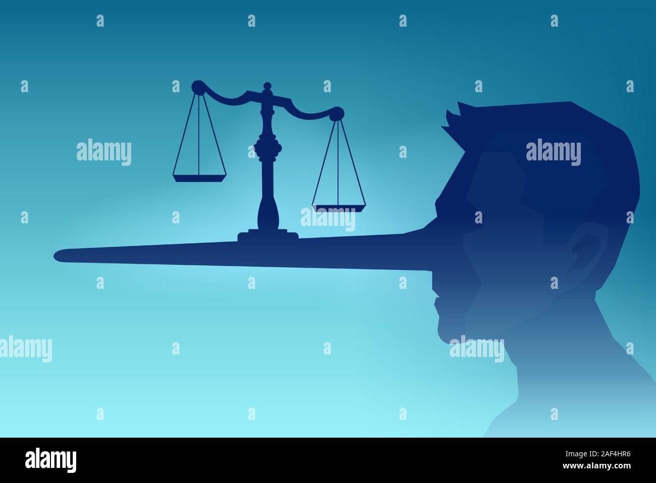 Legal fraud concept. Vector of a man head silhouette and a law scale being balanced on a long nose of a judge Stock Vector