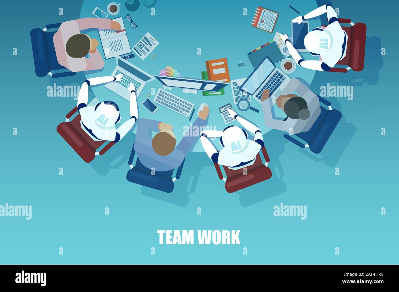 Vector of businessmen brainstorming business plan idea with robots, sitting at the table Stock Vector
