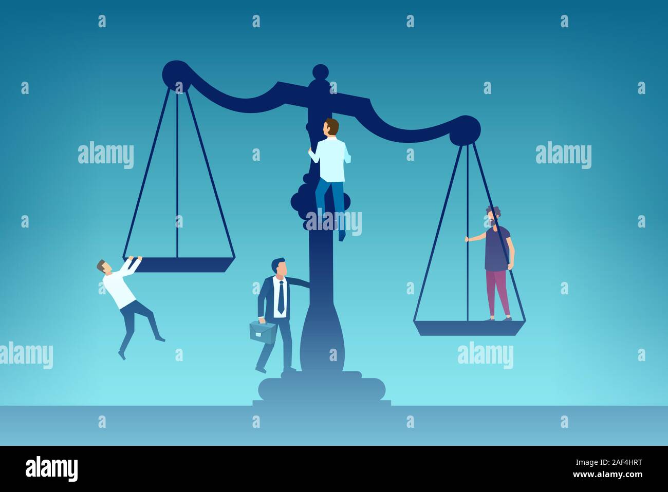 Law influence concept. Vector of a group of competing people climbing up the justice scales Stock Vector