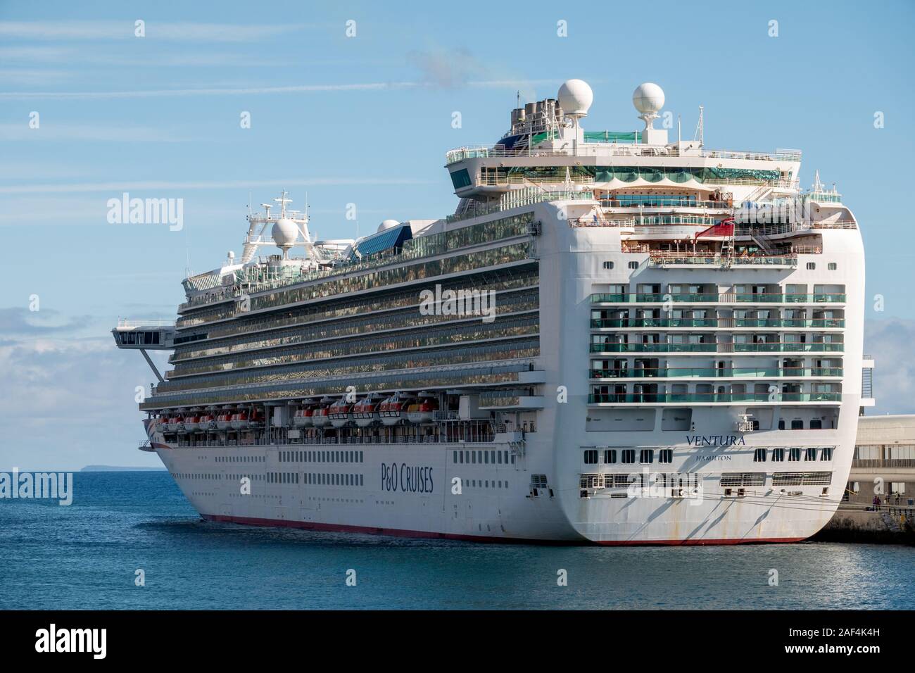 The P O Cruises Ship Ventura Docked In The Port Of Funchal Madeira In Nice Sunshine Viewed From The Rear Showing Aft Decks And Balconies Stock Photo Alamy