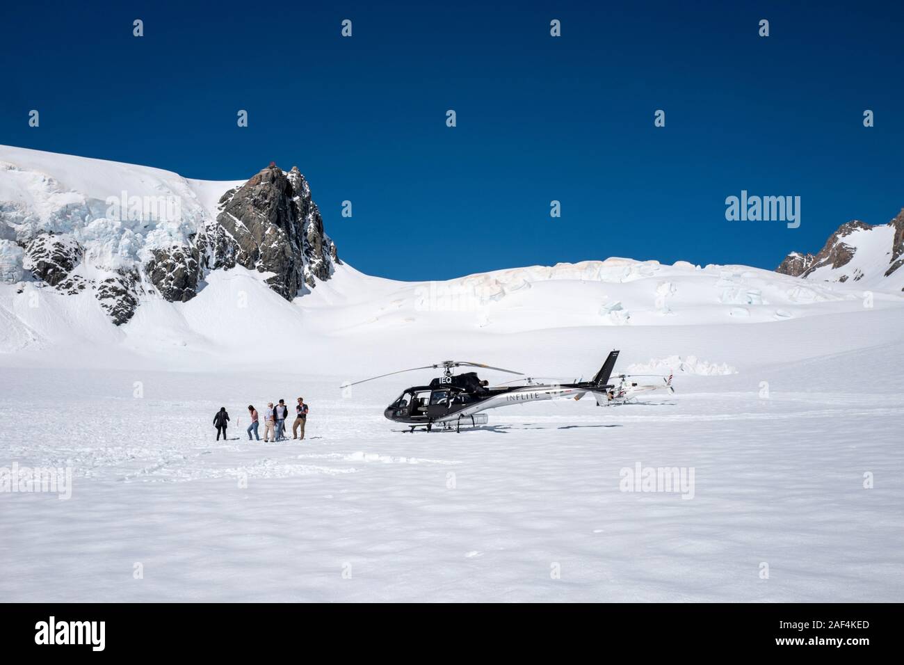 Helicopter and aeroplane flights over Mount Cook National Park glacier and glacial surroundings in Aoraki, South Island, New Zealand, Aotearoa Stock Photo