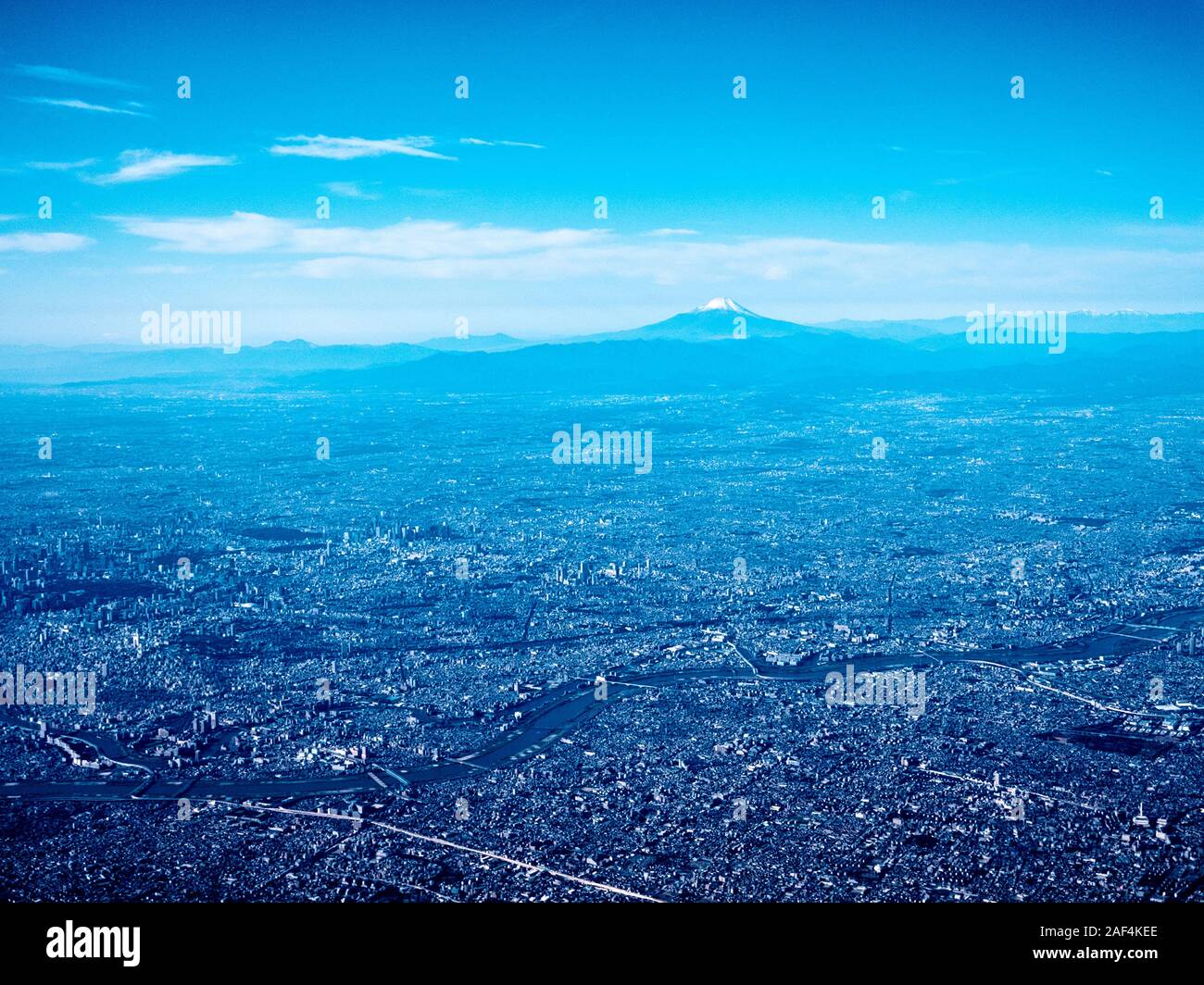 Aerial view of Kanto plain with Mount Fuji in the background Stock Photo