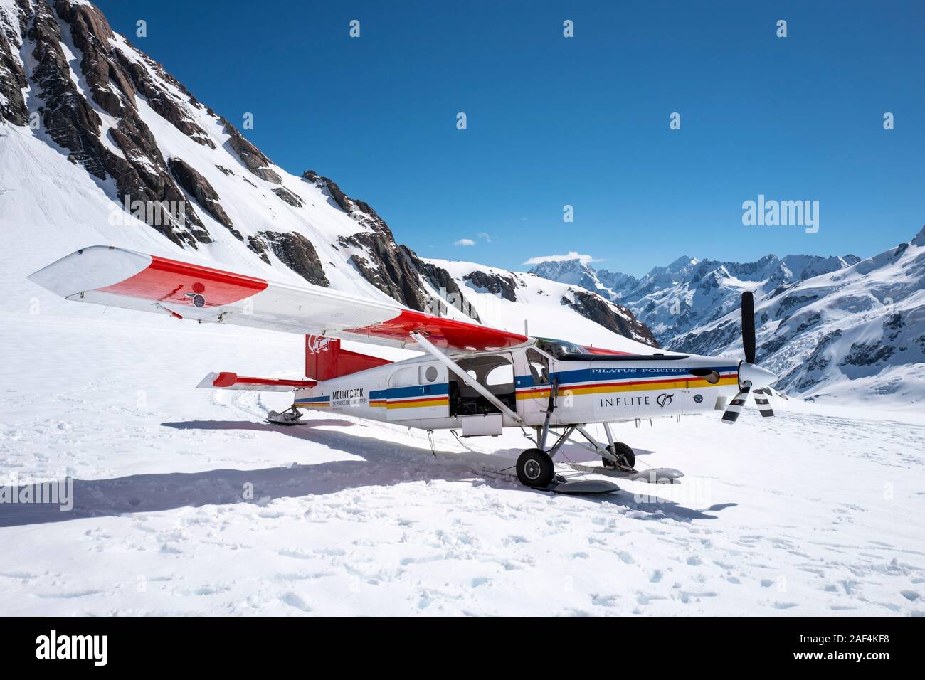 Helicopter and aeroplane flights over Mount Cook National Park glacier and glacial surroundings in Aoraki, South Island, New Zealand, Aotearoa Stock Photo