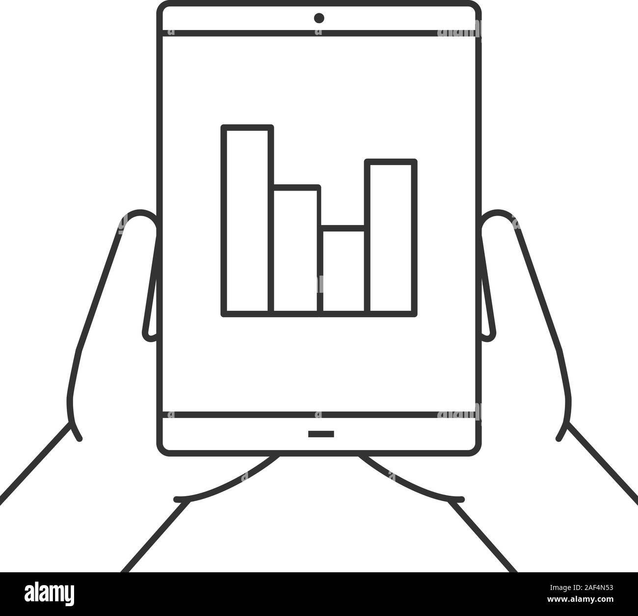 Hands holding tablet computer linear icon. Statistics. Thin line ...