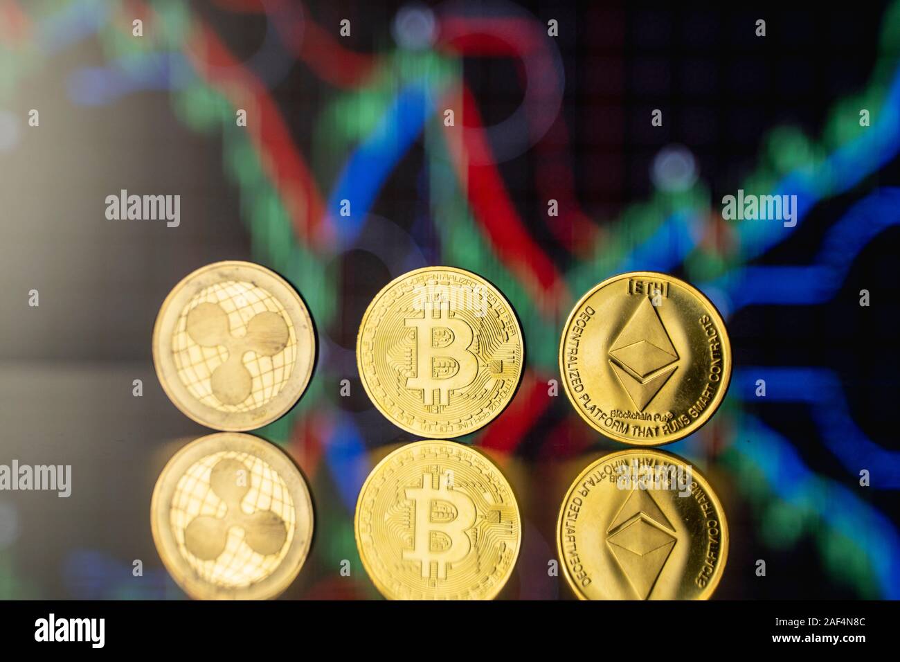 Cryptocyrrency and virtual money concept. Golded bitcoin, ethereum and  ripple coins with chart of growing and falling valuance of a cryptocurrency  Stock Photo - Alamy