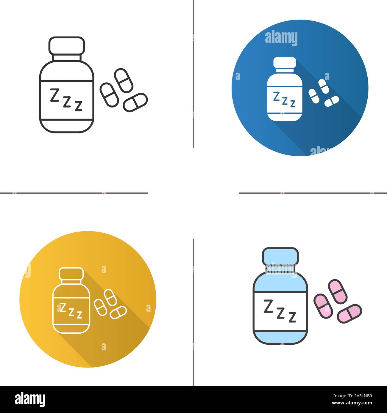 Sleeping pills icon. Flat design, linear and color styles. Bottle with