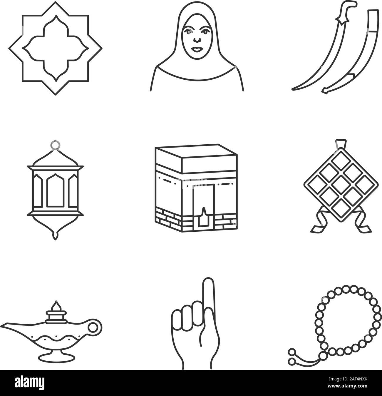 Islamic culture linear icons set. Islamic star, muslim woman, scimitar sword, lantern, kaaba, ketupat, oil lamp, god gesture, misbaha. Thin line conto Stock Vector