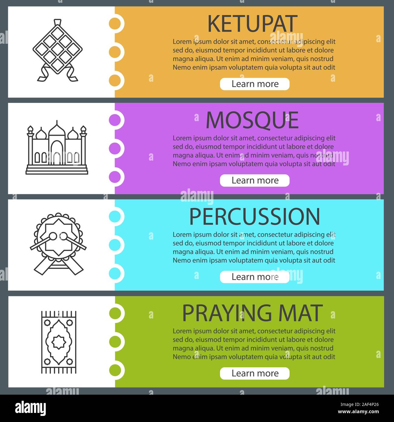 Islamic culture web banner templates set. Ketupat, mosque, daf, praying