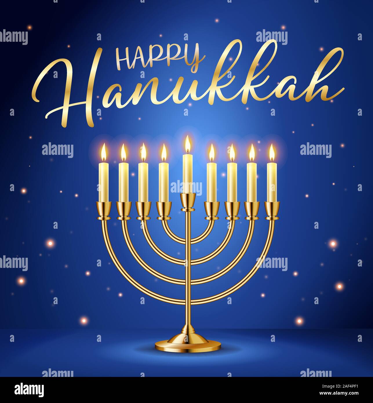 Happy Hanukkah greeting card with gold inscription and Golden realistic menorah, candlestick with burning candles Stock Vector