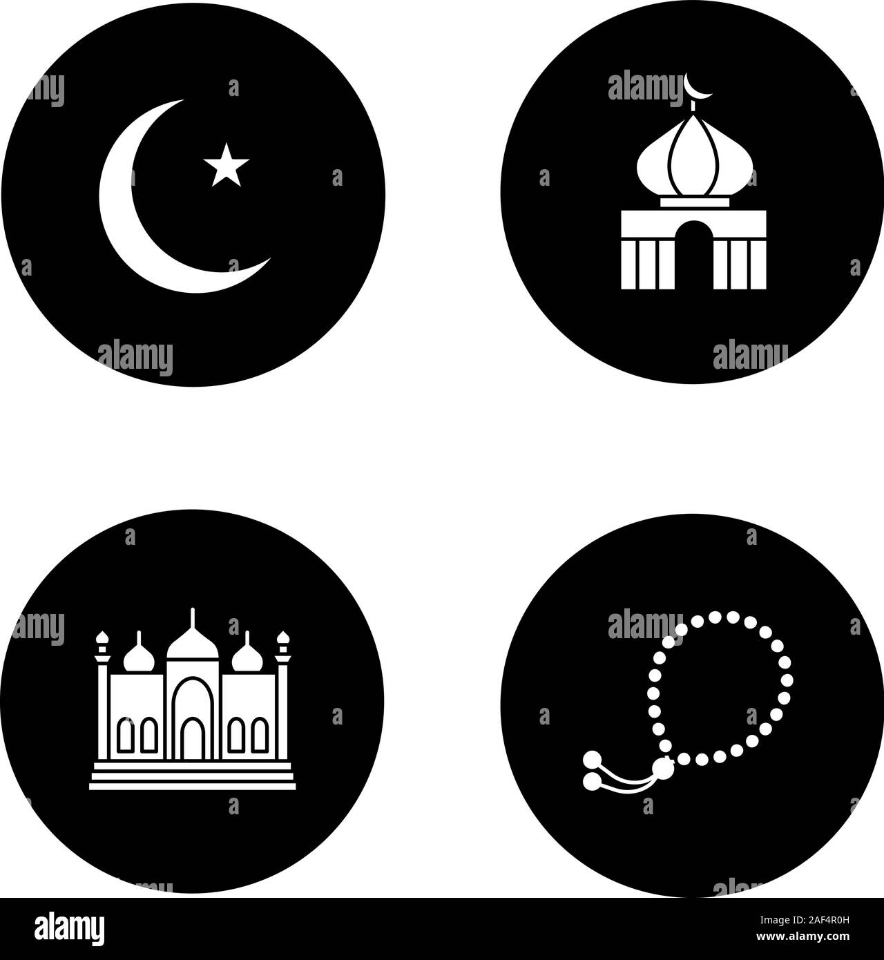 Islamic culture glyph icons set. Crescent moon and star, mosques, misbaha. Vector white silhouettes illustrations in black circles Stock Vector