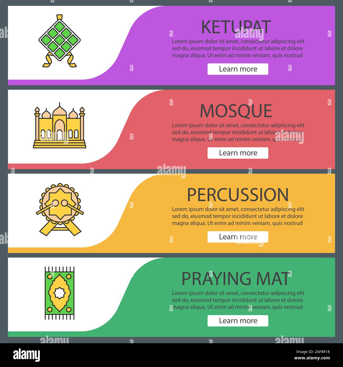 Islamic culture web banner templates set. Ketupat, mosque, daf, praying