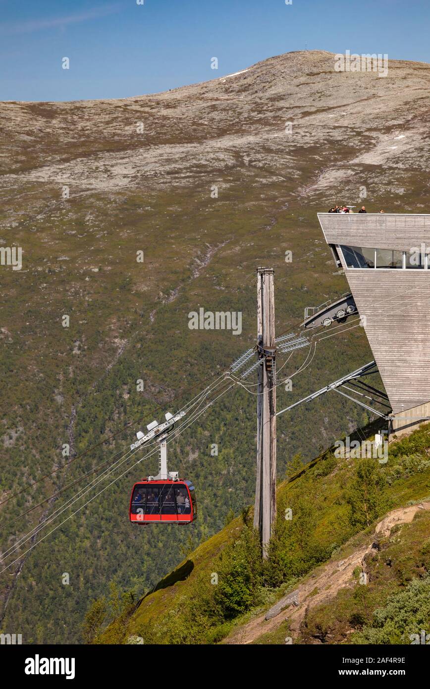 TROMSØ, NORWAY Fjellheisen, an aerial tramway cable car arrives at