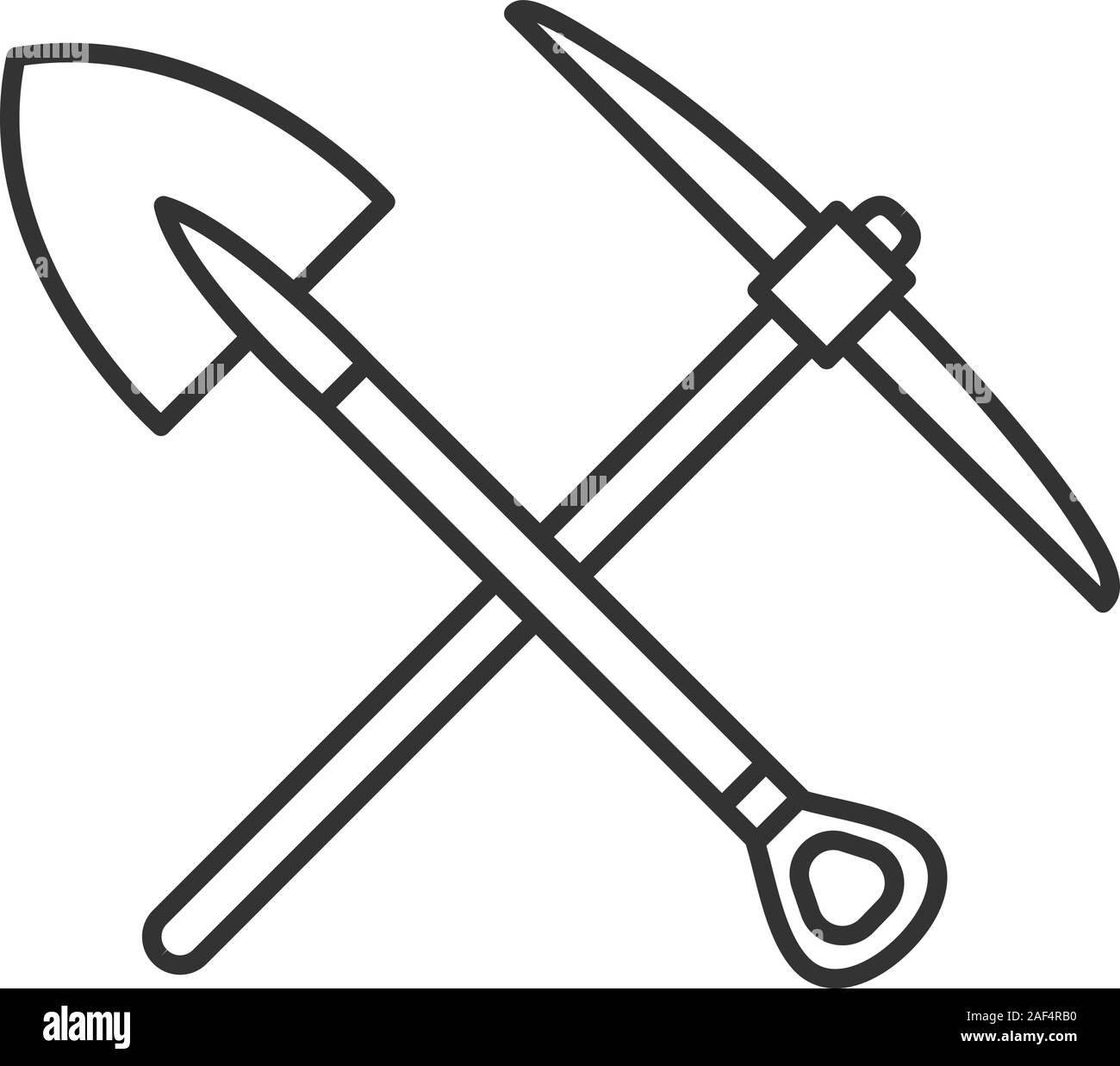 Crossed shovel and pickaxe linear icon. Mining. Thin line illustration
