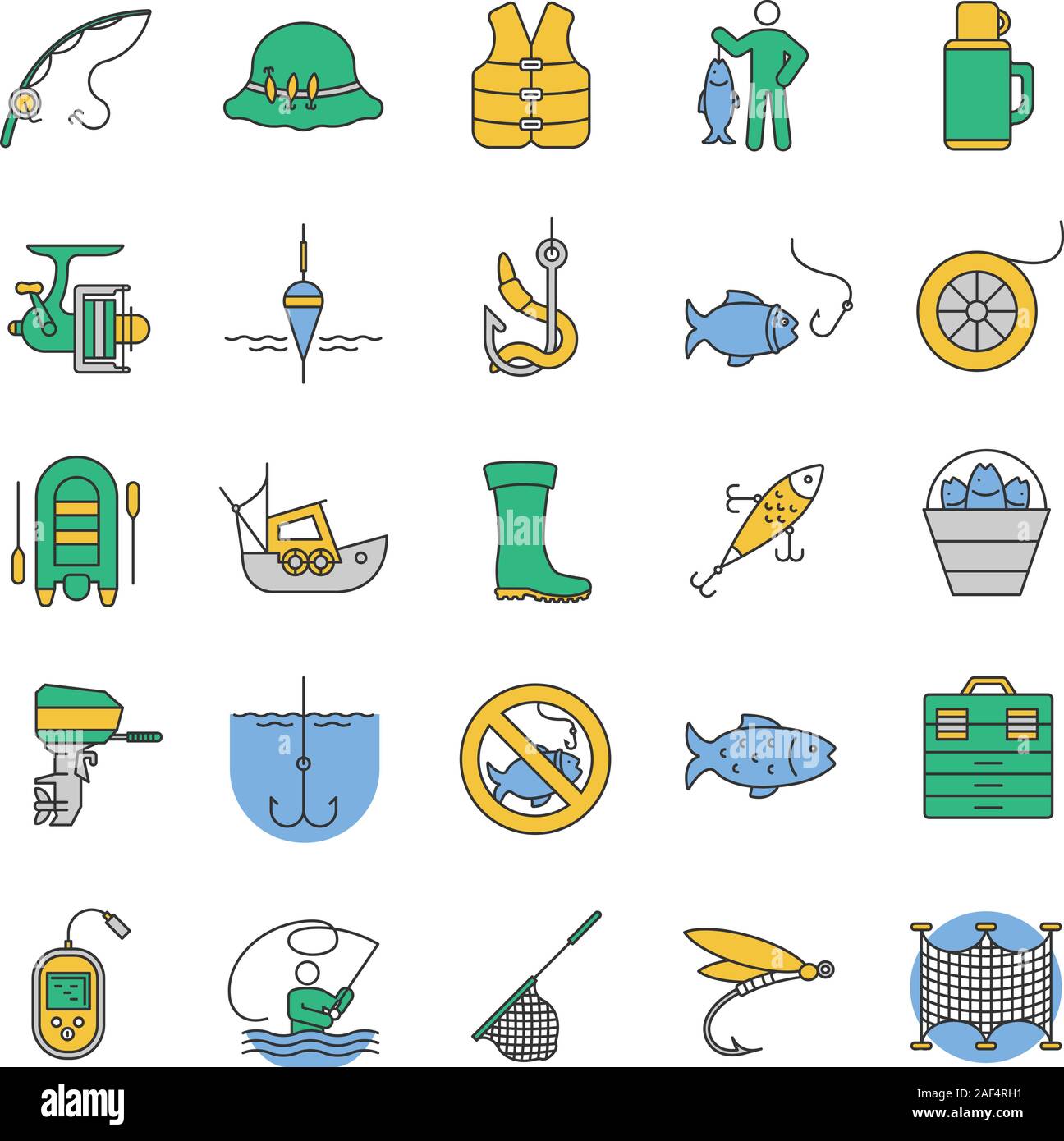 Fishing color icons set. Angling equipment. Fish, bait, hook, tackle, boat,  rod, fisherman, thermos, echo sounder, uniform. Isolated vector illustrati  Stock Vector Image & Art - Alamy