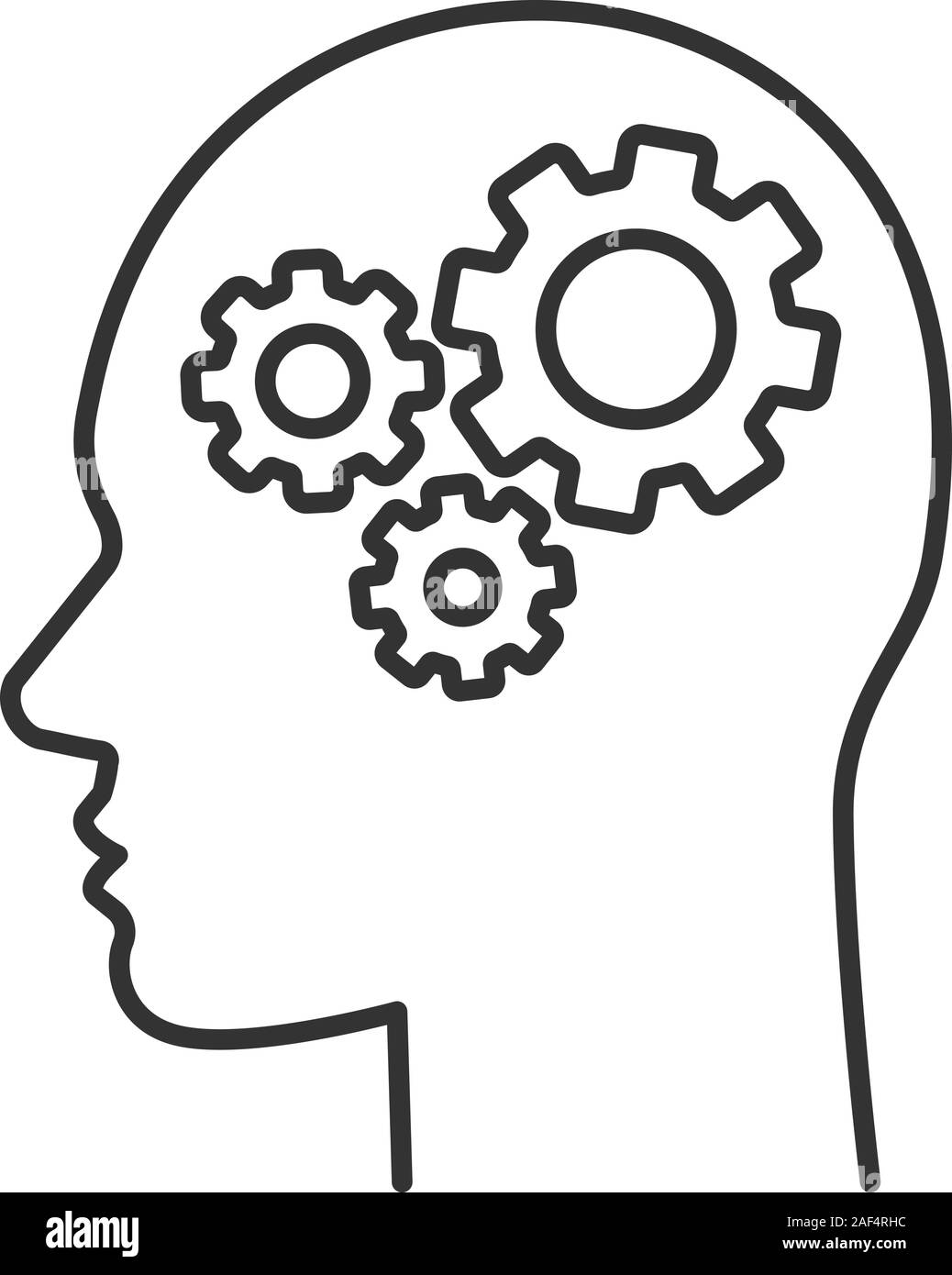 Human head with cogwheels inside linear icon. Artificial intelligence. Technology progress. Thin line illustration. Robot. Contour symbol. Vector isol Stock Vector