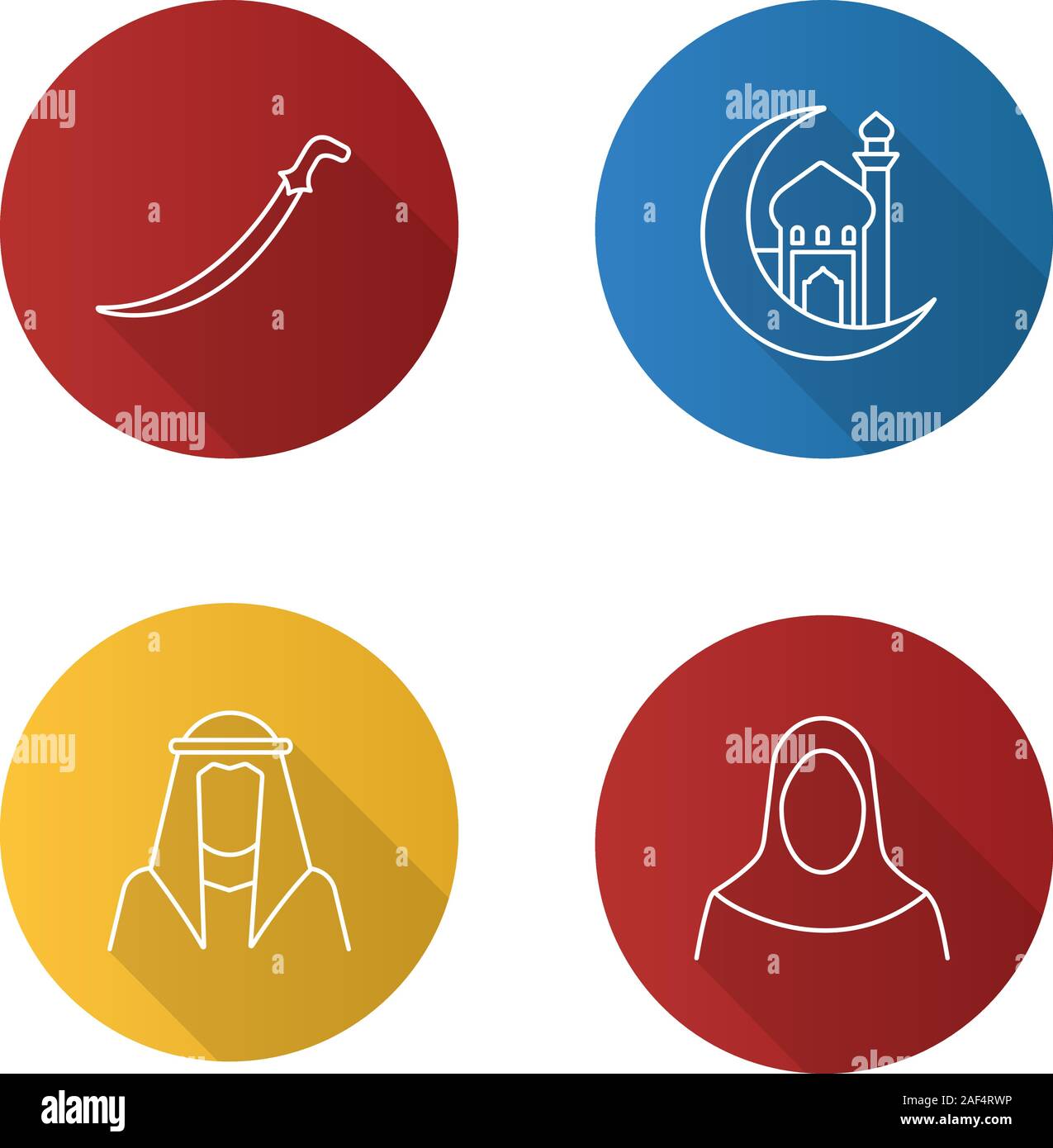 Islamic culture flat design long shadow glyph icon. Scimitar sword, mosque and ramadan moon, muslim woman and man. Vector silhouette illustration Stock Vector