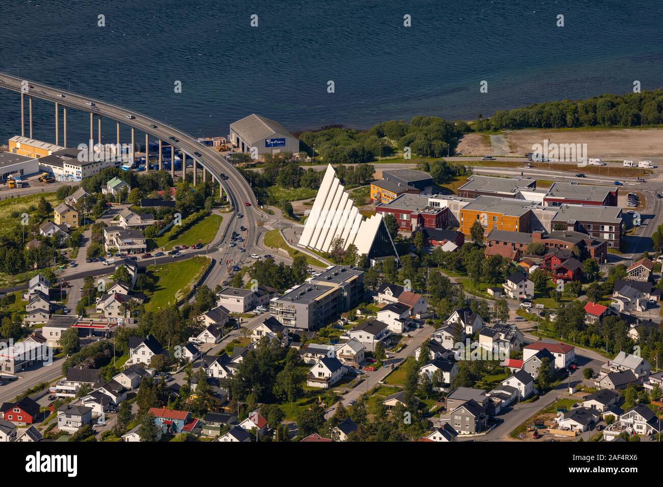 TROMSØ, NORWAY - Tromsdalen Church, or Arctic Cathedral, a modern concrete and metal church, architect Jan Inge Hovig. Stock Photo
