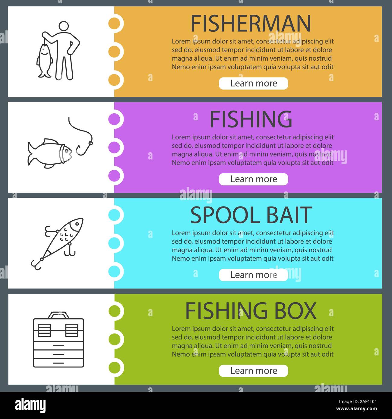 Fishing web banner templates set. Fisherman, lure, fish and hook, tackle  box. Website menu items. Vector headers design concepts Stock Vector Image  & Art - Alamy