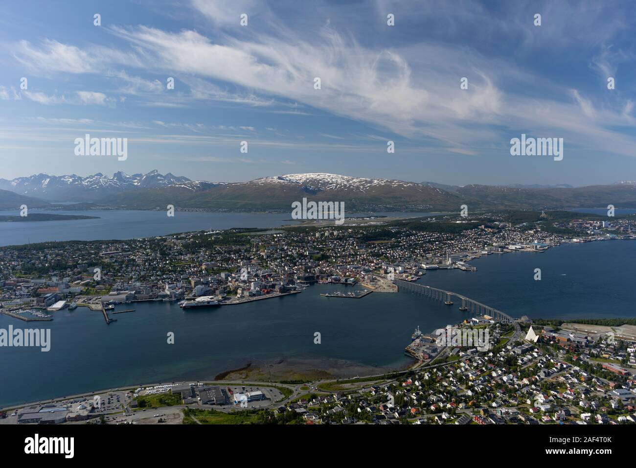TROMSØ, NORWAY - Aerial view of city of Tromsø, on island of Tromsøya ...