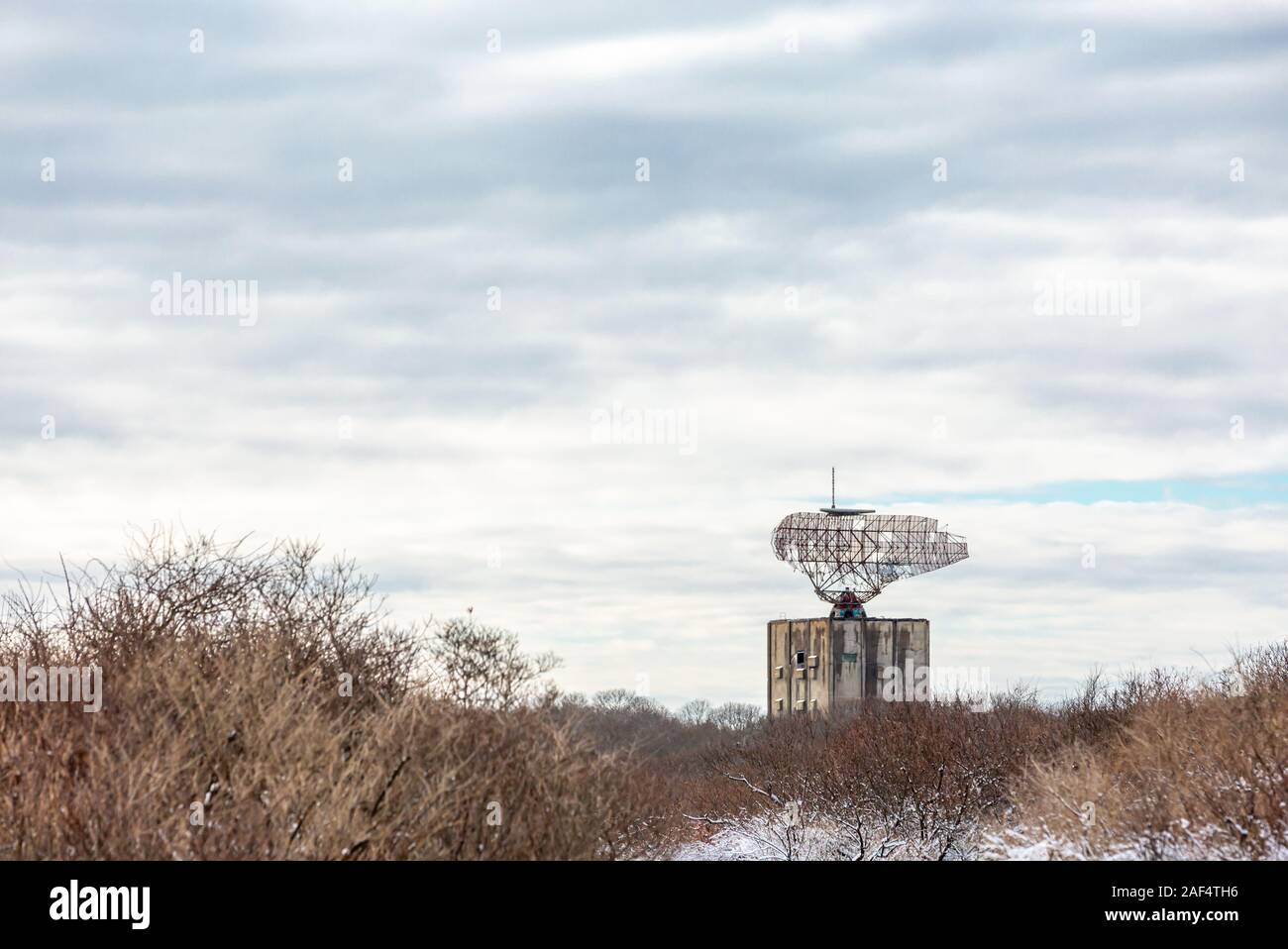 Winter landscape with old radar tower in Montauk, NY Stock Photo