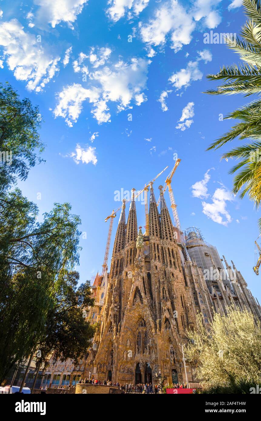View of the Sagrada Familia, a large Roman Catholic church in Barcelona, Spain, designed by Catalan architect Antoni Gaudi Stock Photo