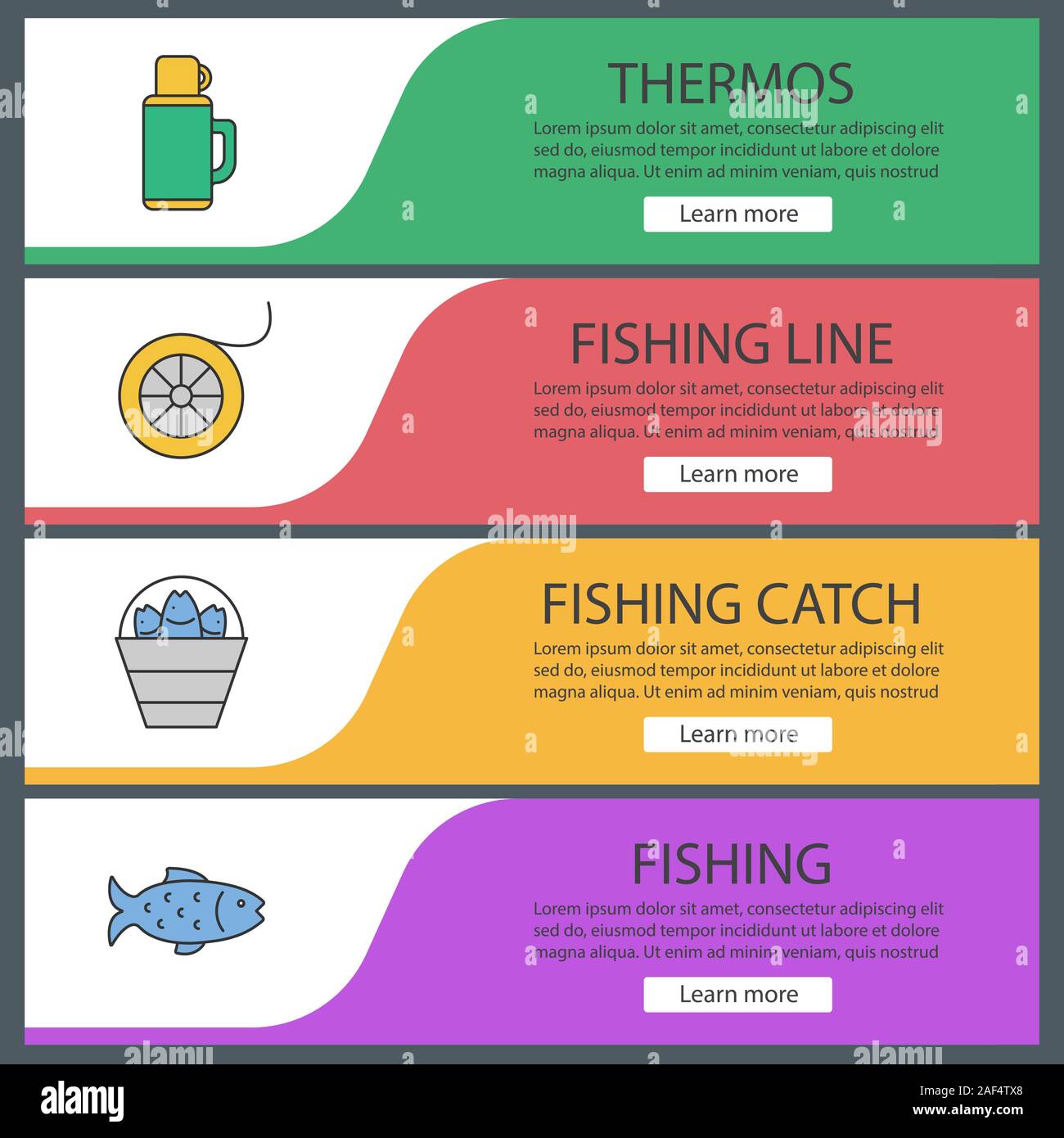 Fishing Web Banner Templates Set Bucket With Catch Thermos