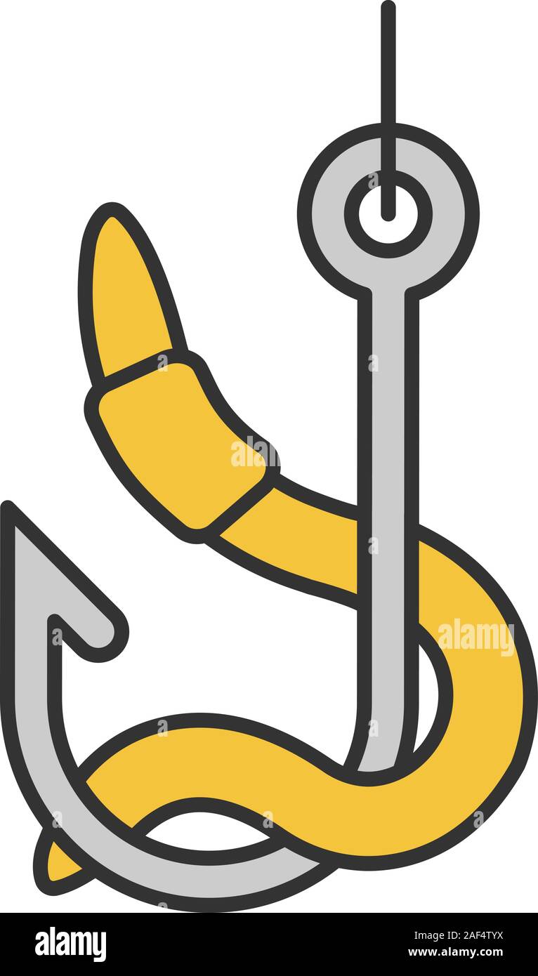 Worm on hook color icon. Fishing live bait. Isolated vector illustration Stock Vector
