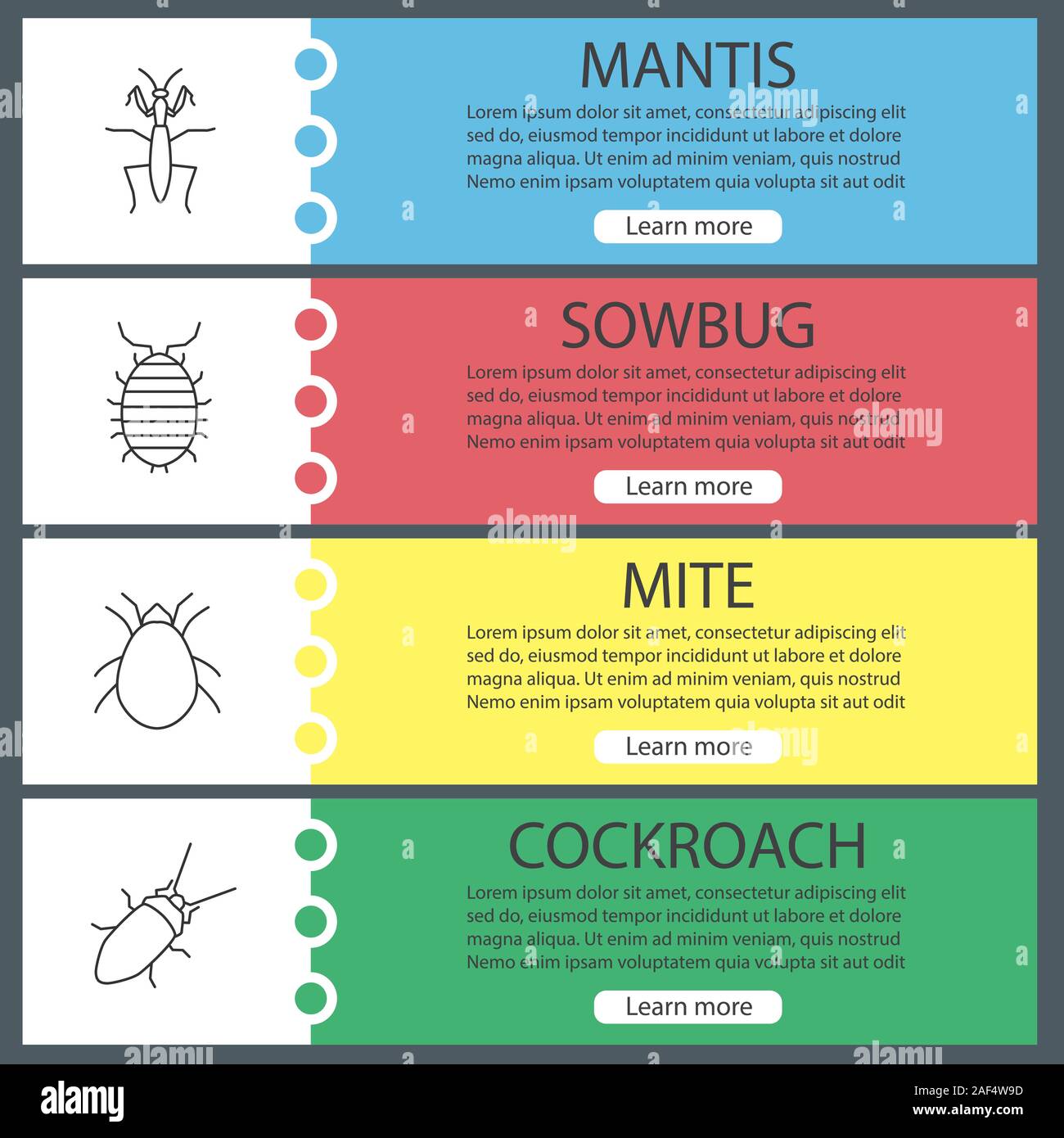 Insects web banner templates set. Mantis, sowbug, mite, cockroach. Website menu items. Vector headers design concepts Stock Vector