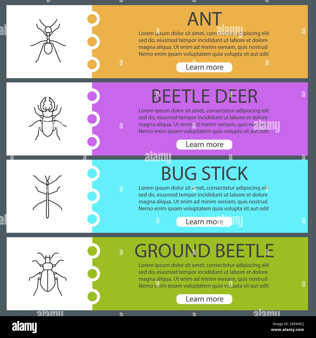 Insects web banner templates set. Ant, stag bug, phasmid, ground beetle. Website menu items. Vector headers design concepts Stock Vector