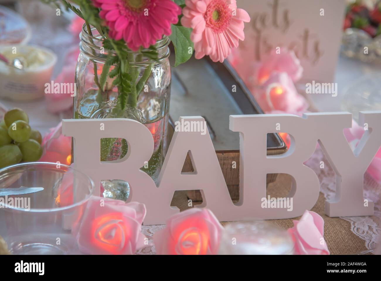 Shabby Chic Pink & Gold Baby Shower Decorations and Table Stock Photo
