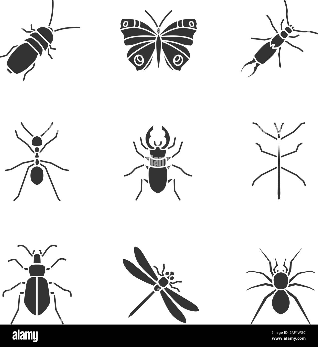 Insects glyph icons set. Darkling beetle, butterfly, earwig, stag and ground bugs, phasmid, ant, dragonfly, spider. Silhouette symbols. Vector isolate Stock Vector
