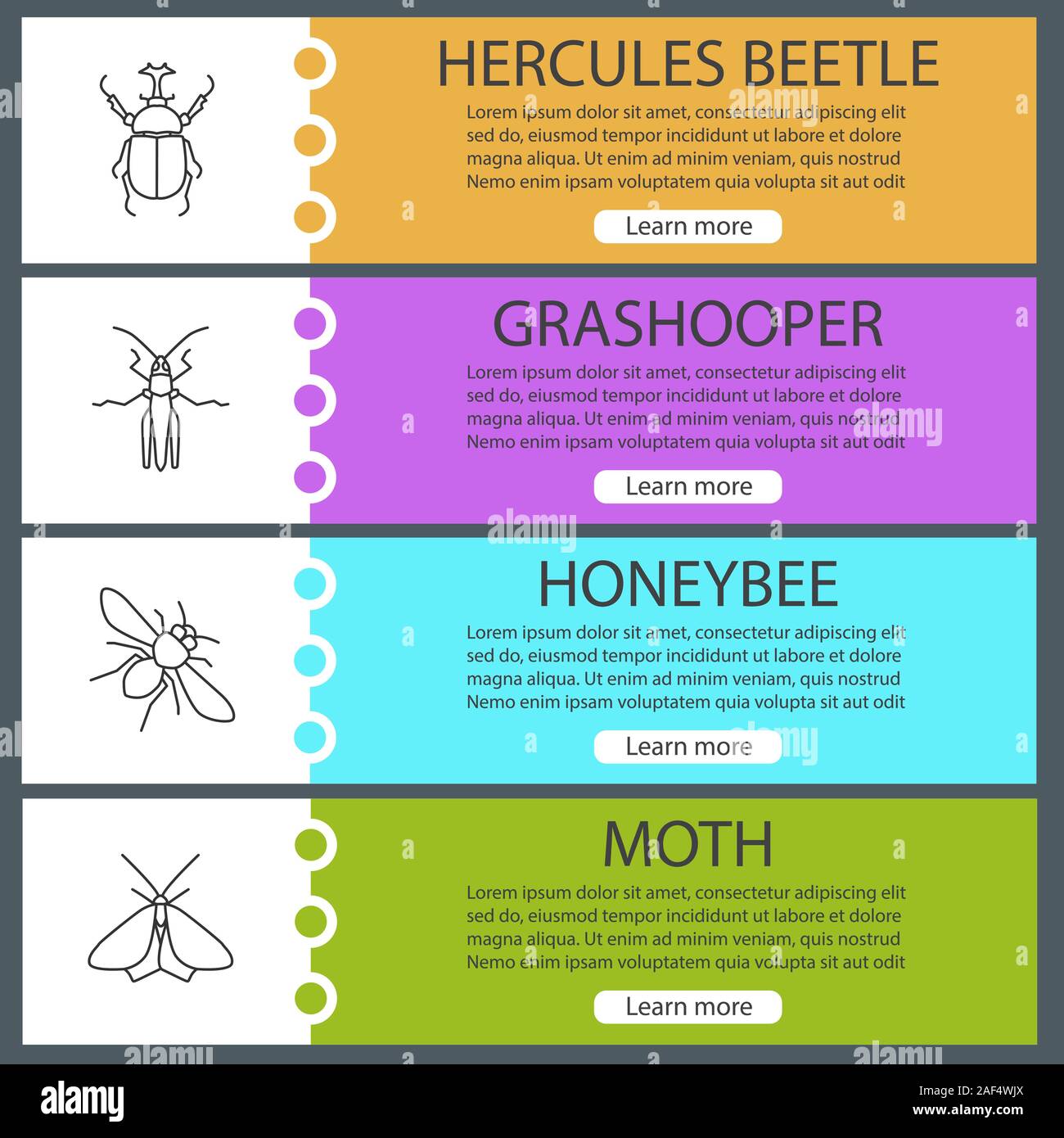 Insects web banner templates set. Hercules beetle, grasshopper ...