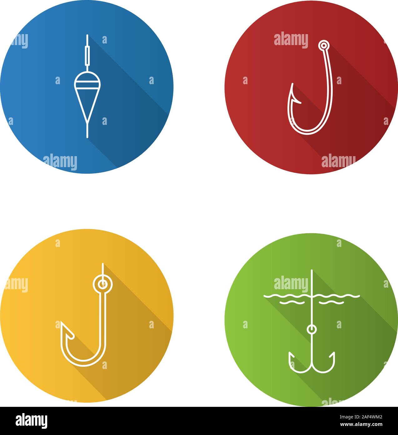 Fishing flat linear long shadow icons set. Fishing float and hooks ...