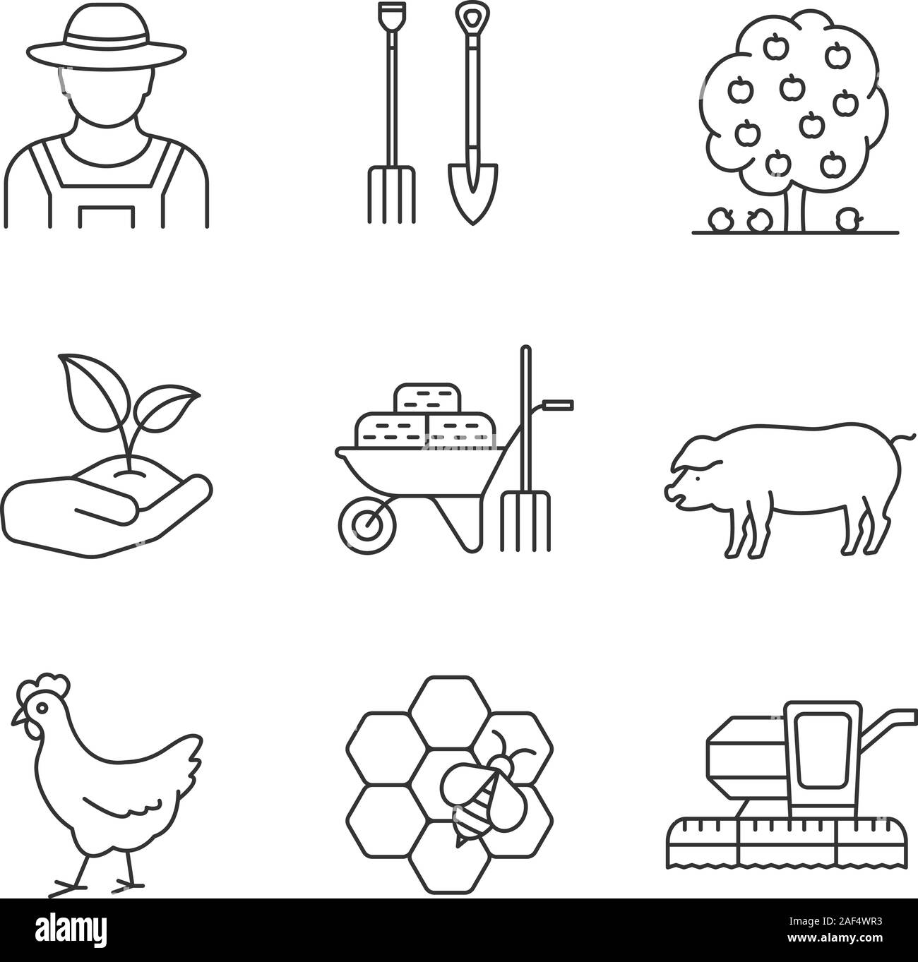 Agriculture linear icons set. Farmer, pitchfork, shovel, fruit tree, sprout, wheelbarrow, pig, chicken, beekeeping, combine harvester. Thin line conto Stock Vector