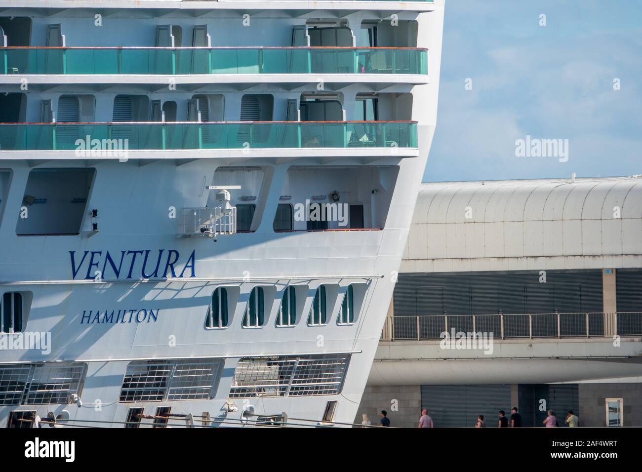 The P O Cruises Ship Ventura Docked In The Port Of Funchal Madeira In Nice Sunshine Viewed From The Rear Showing Aft Decks And Balconies Stock Photo Alamy