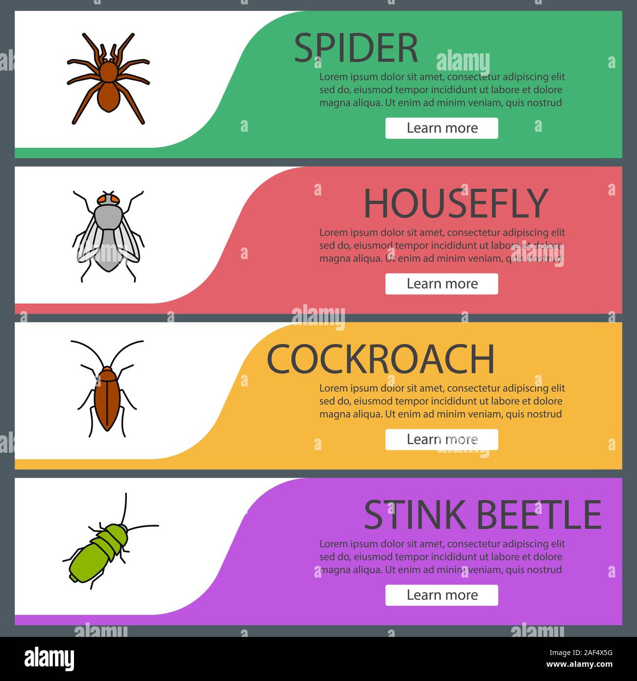 Insects web banner templates set. Spider, cockroach, housefly, stink ...