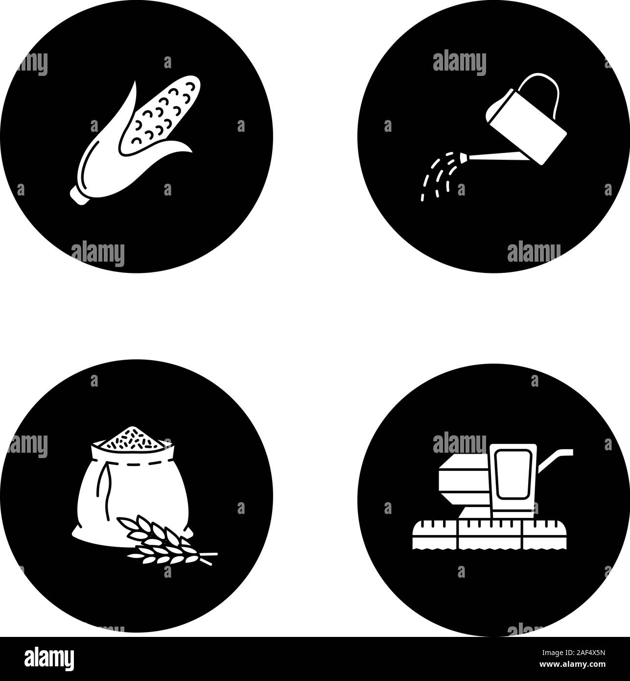 Agriculture glyph icons set. Farming. Corn, watering can, flour bag, combine harvester. Vector white silhouettes illustrations in black circles Stock Vector