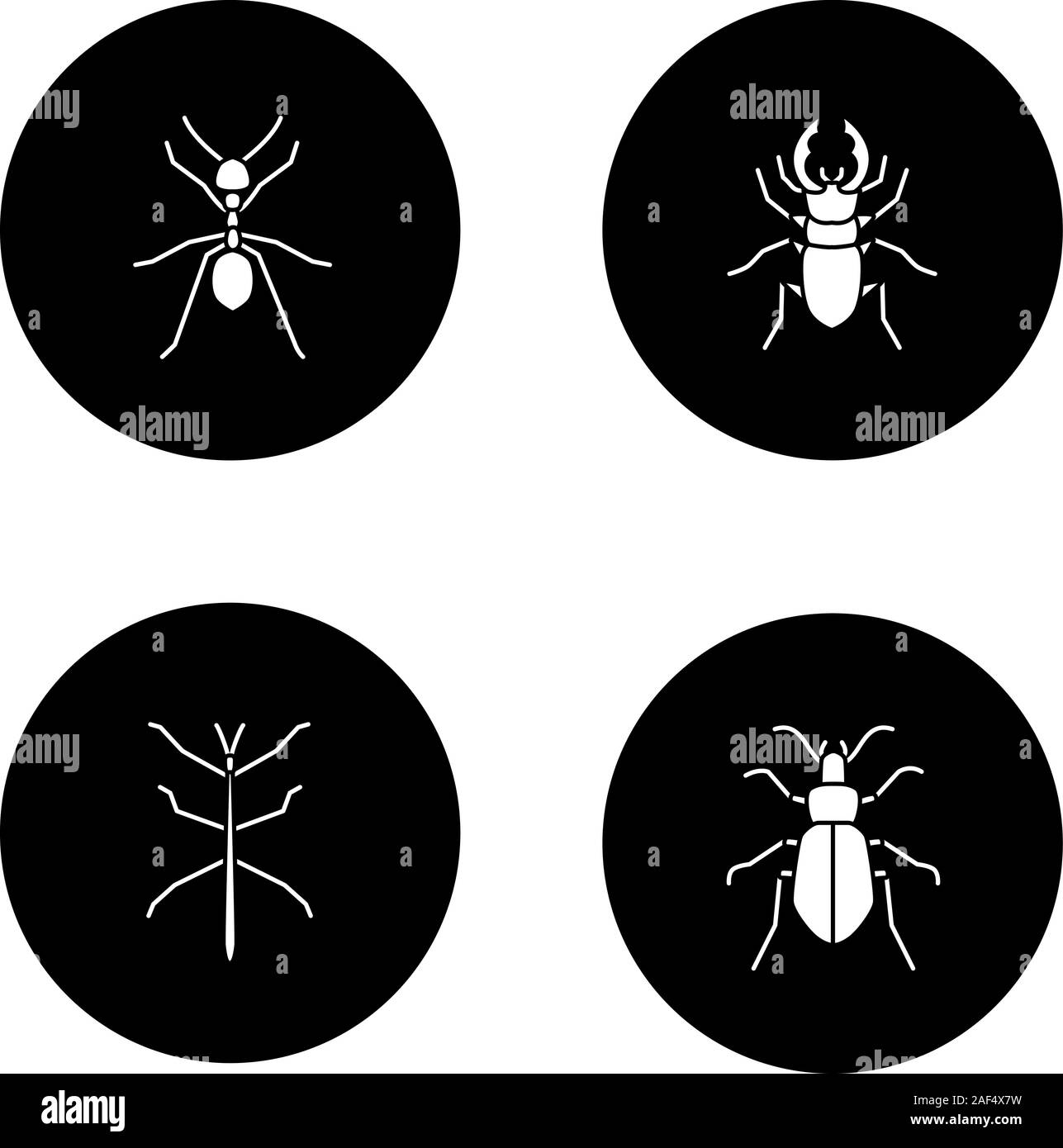 Insects glyph icons set. Ant, stag beetle, ground bug, phasmid. Vector white silhouettes illustrations in black circles Stock Vector
