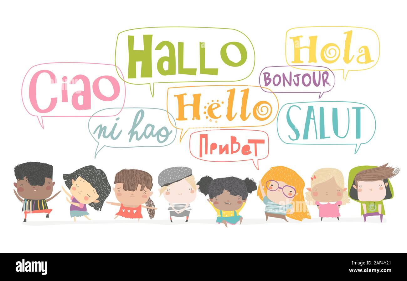 Group of cartoon kids talking in different languages Stock Vector Image